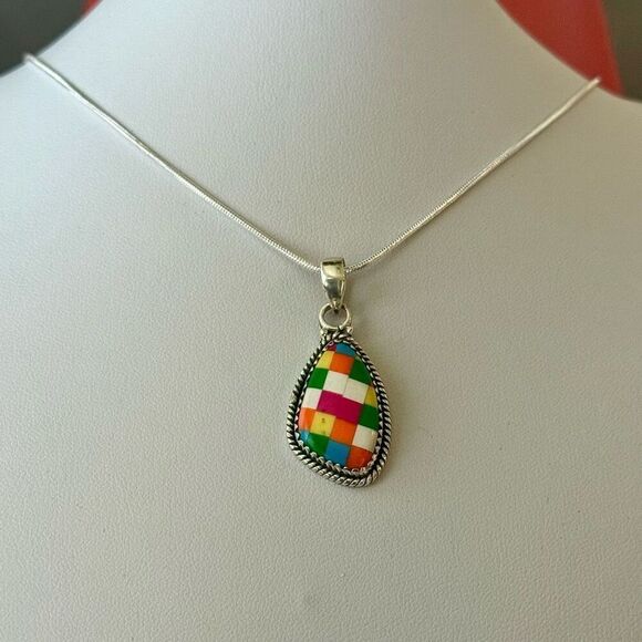 Stunning Aurora Opal Checkerboard Pendant Necklace 925 Sterling Silver Teardrop - Picture 4 of 7